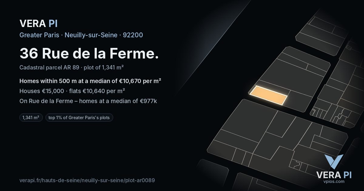 36 Rue de la Ferme, Neuilly-sur-Seine at night – the plot lit, the parcels around coloured by the prices near them