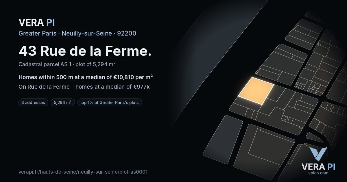 43 Rue de la Ferme, Neuilly-sur-Seine at night – the plot lit, the parcels around coloured by the prices near them