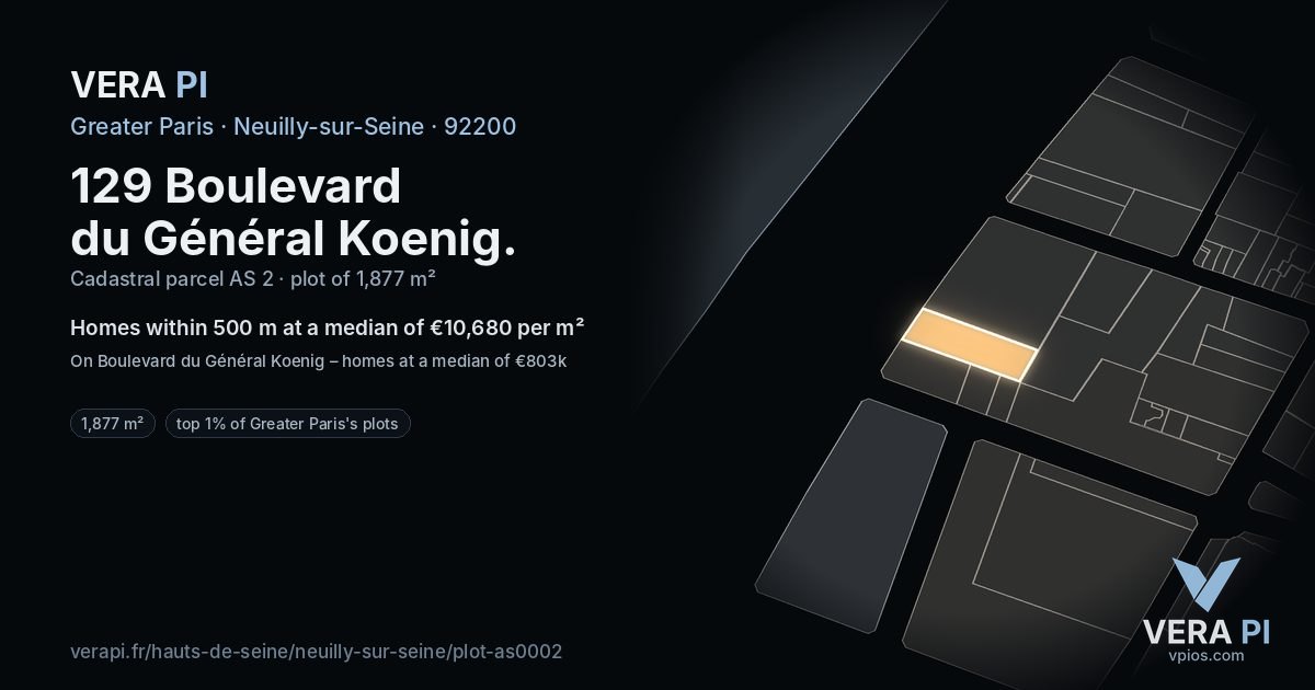 129 Boulevard du Général Koenig, Neuilly-sur-Seine at night – the plot lit, the parcels around coloured by the prices near them