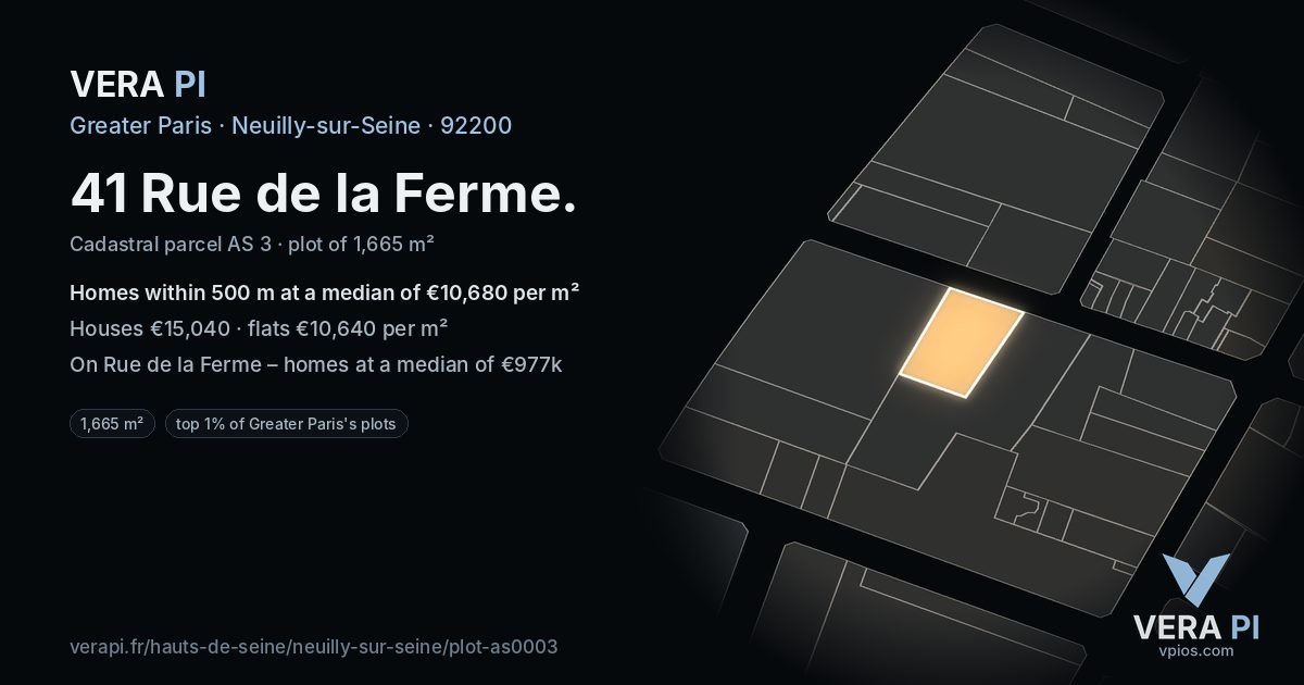 41 Rue de la Ferme, Neuilly-sur-Seine at night – the plot lit, the parcels around coloured by the prices near them