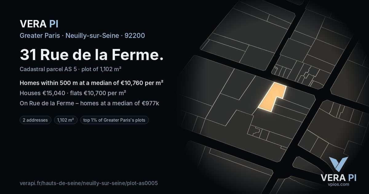 31 Rue de la Ferme, Neuilly-sur-Seine at night – the plot lit, the parcels around coloured by the prices near them