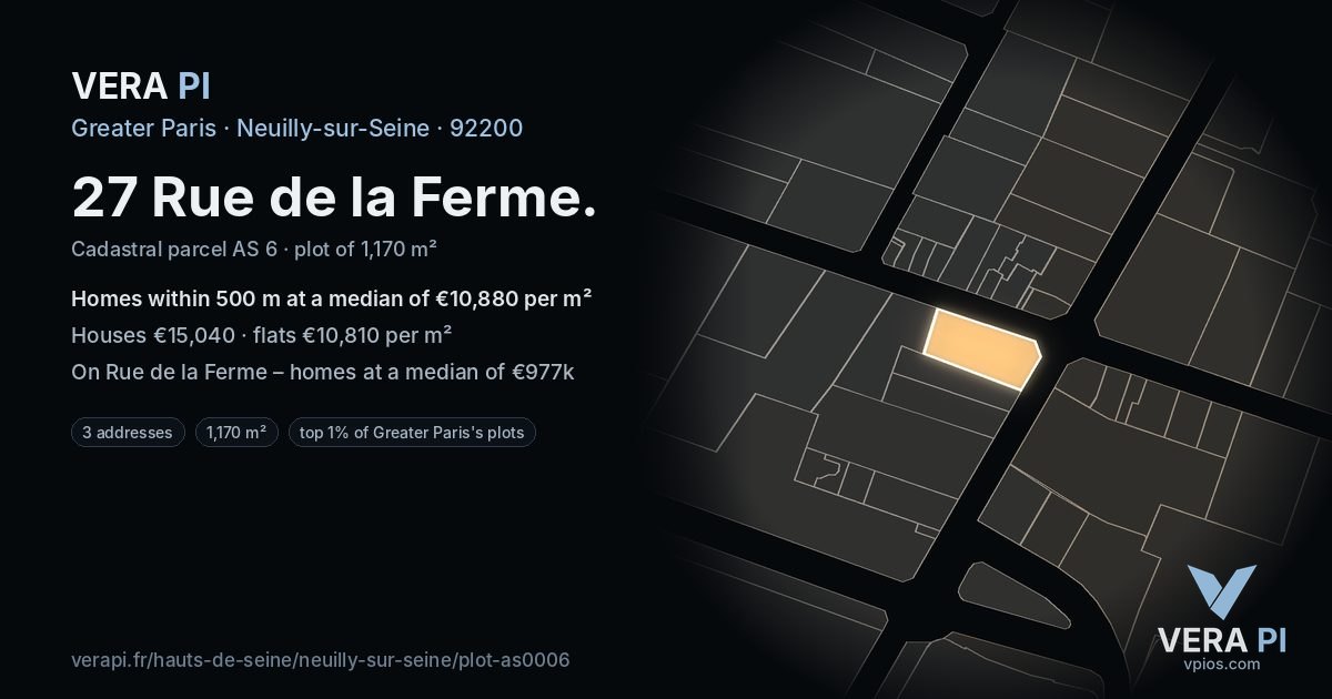 27 Rue de la Ferme, Neuilly-sur-Seine at night – the plot lit, the parcels around coloured by the prices near them