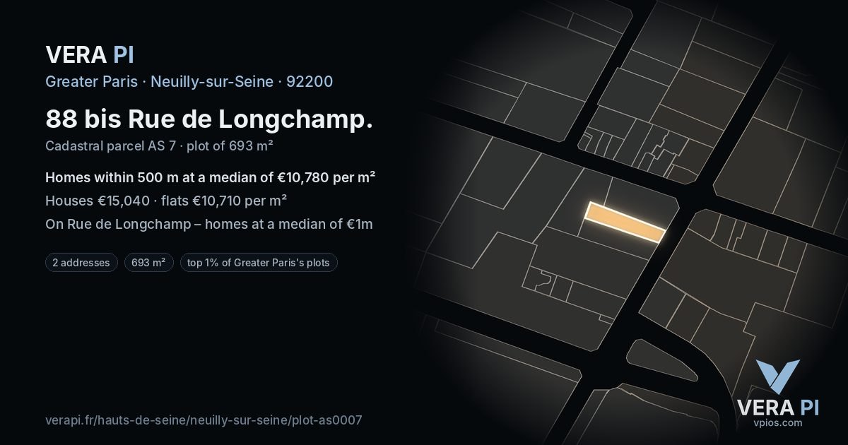 88 bis Rue de Longchamp, Neuilly-sur-Seine at night – the plot lit, the parcels around coloured by the prices near them