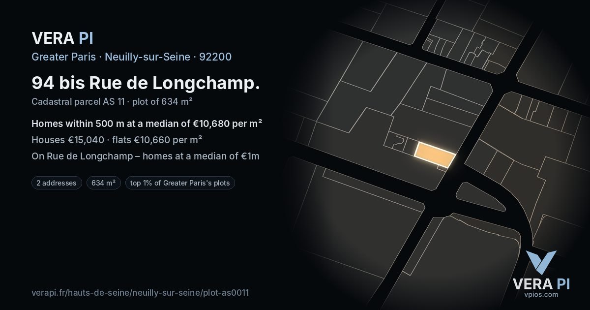 94 bis Rue de Longchamp, Neuilly-sur-Seine at night – the plot lit, the parcels around coloured by the prices near them