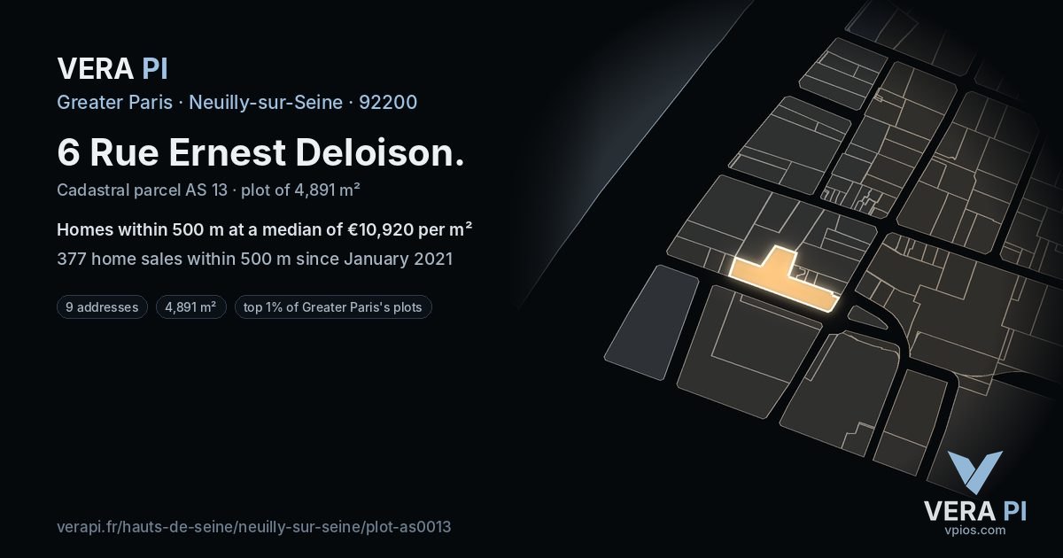 6 Rue Ernest Deloison, Neuilly-sur-Seine at night – the plot lit, the parcels around coloured by the prices near them