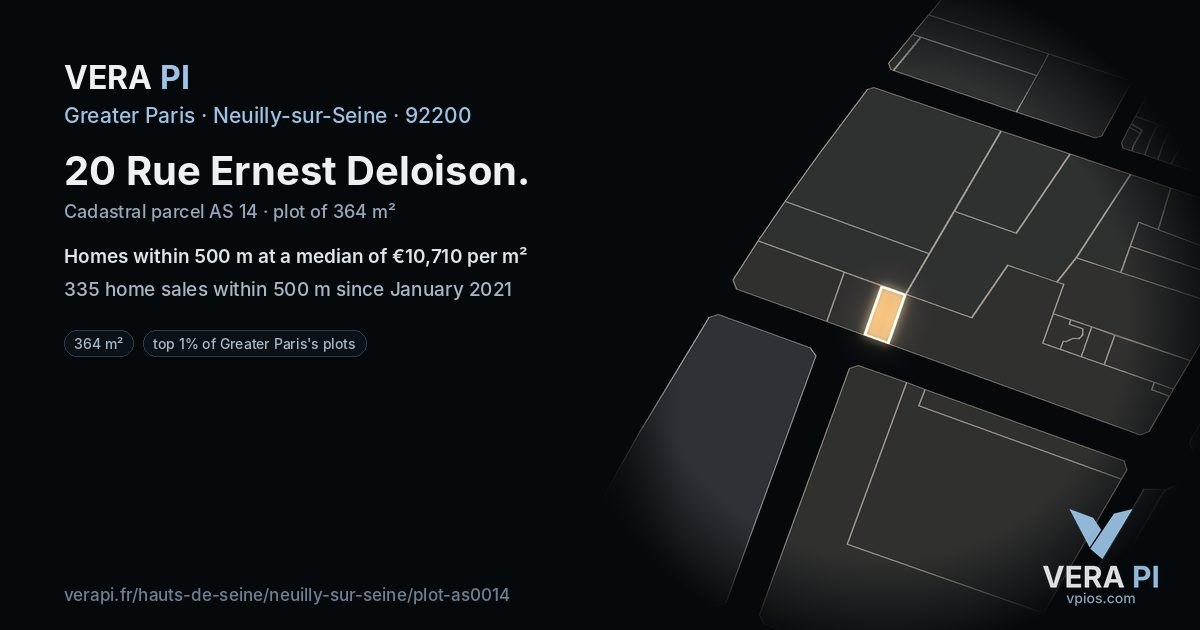 20 Rue Ernest Deloison, Neuilly-sur-Seine at night – the plot lit, the parcels around coloured by the prices near them