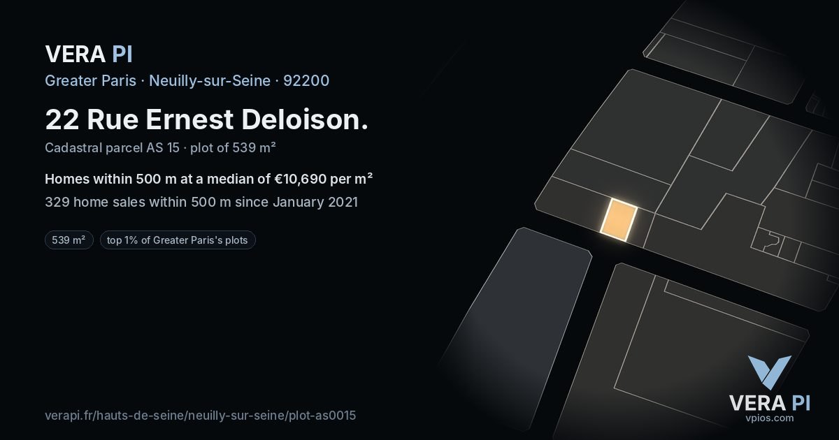 22 Rue Ernest Deloison, Neuilly-sur-Seine at night – the plot lit, the parcels around coloured by the prices near them
