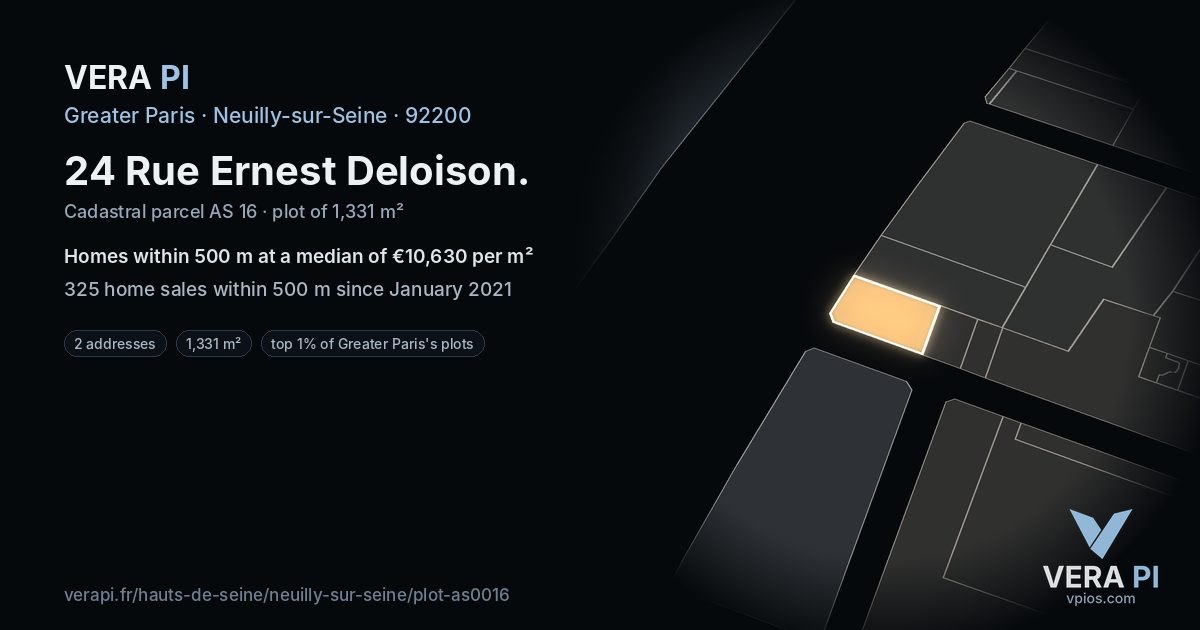 24 Rue Ernest Deloison, Neuilly-sur-Seine at night – the plot lit, the parcels around coloured by the prices near them