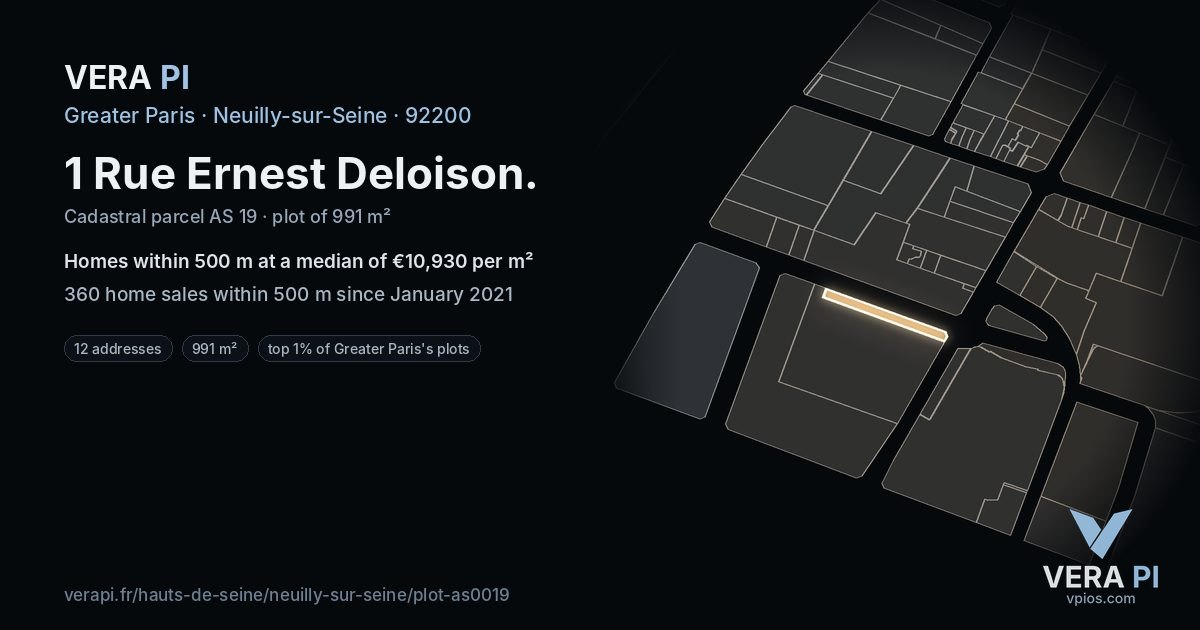 1 Rue Ernest Deloison, Neuilly-sur-Seine at night – the plot lit, the parcels around coloured by the prices near them