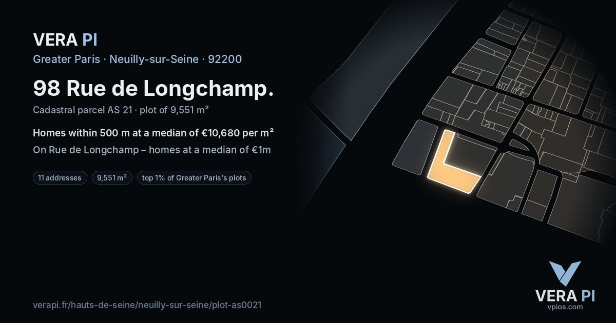 98 Rue de Longchamp, Neuilly-sur-Seine at night – the plot lit, the parcels around coloured by the prices near them
