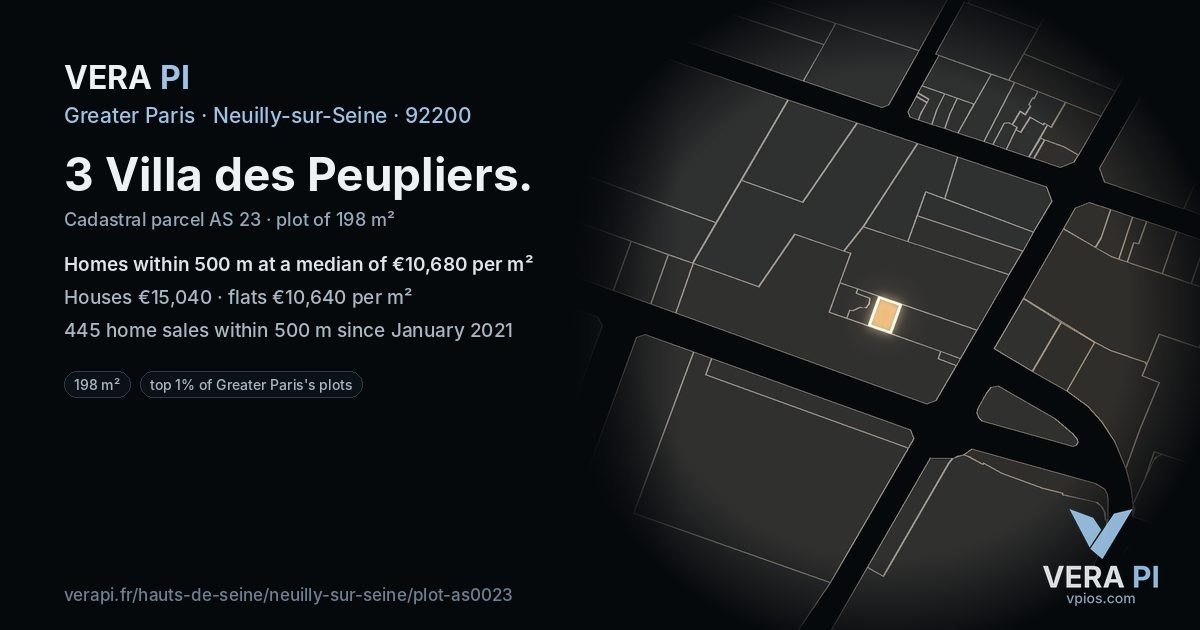 3 Villa des Peupliers, Neuilly-sur-Seine at night – the plot lit, the parcels around coloured by the prices near them