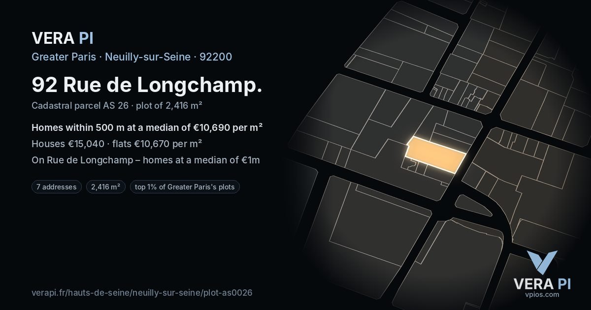 92 Rue de Longchamp, Neuilly-sur-Seine at night – the plot lit, the parcels around coloured by the prices near them