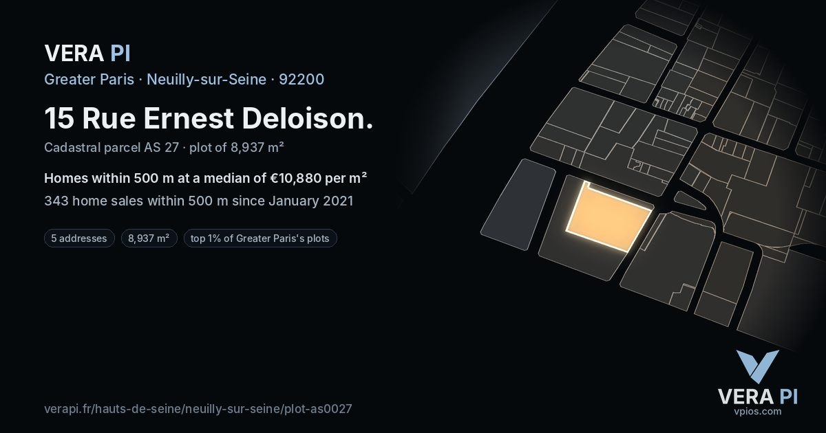 15 Rue Ernest Deloison, Neuilly-sur-Seine at night – the plot lit, the parcels around coloured by the prices near them