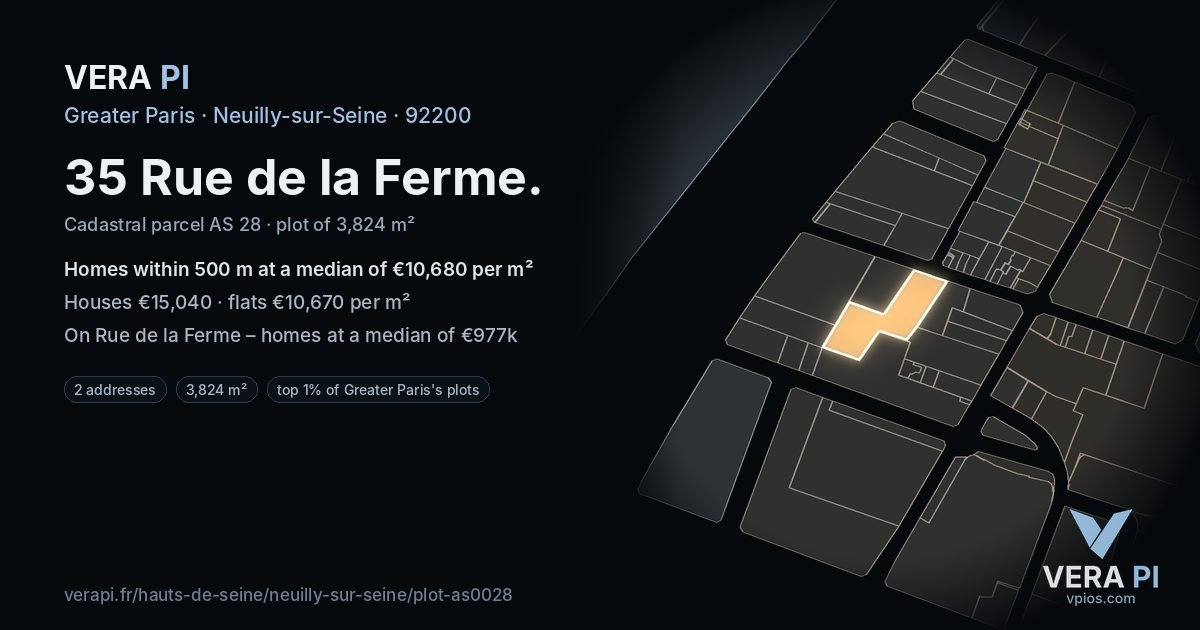35 Rue de la Ferme, Neuilly-sur-Seine at night – the plot lit, the parcels around coloured by the prices near them
