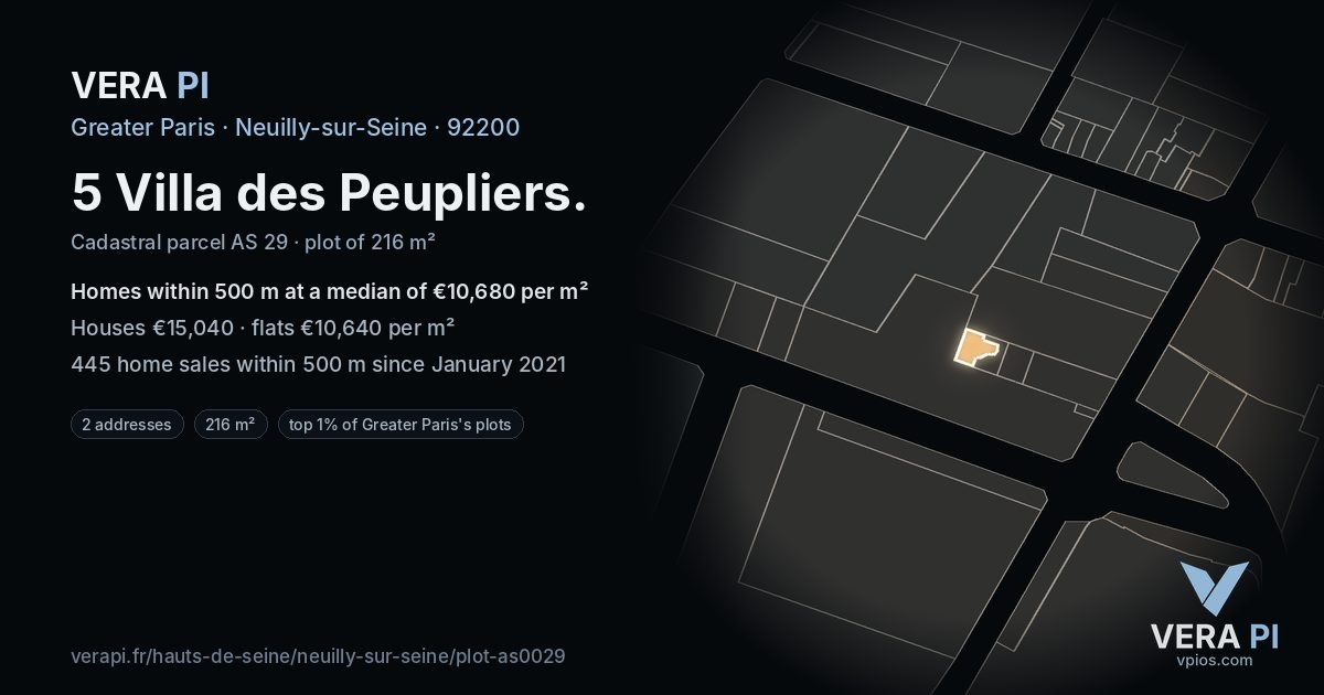 5 Villa des Peupliers, Neuilly-sur-Seine at night – the plot lit, the parcels around coloured by the prices near them
