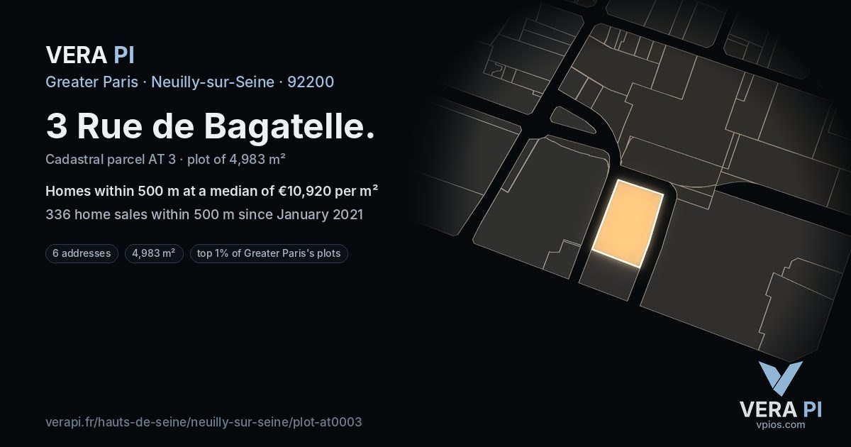 3 Rue de Bagatelle, Neuilly-sur-Seine at night – the plot lit, the parcels around coloured by the prices near them