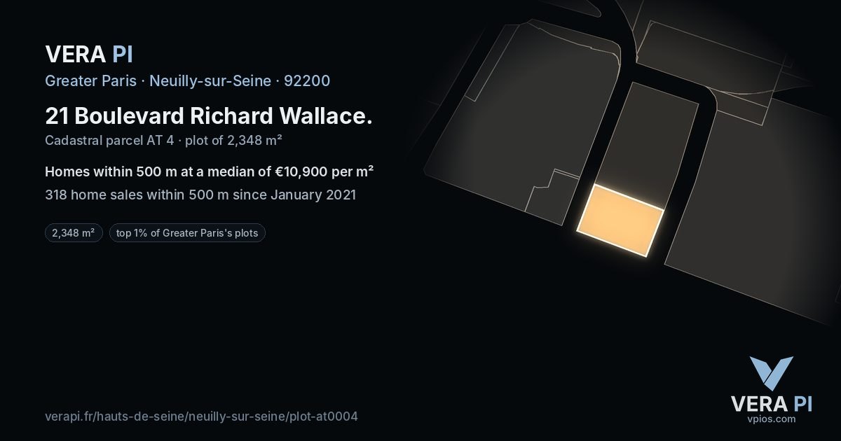 21 Boulevard Richard Wallace, Neuilly-sur-Seine at night – the plot lit, the parcels around coloured by the prices near them