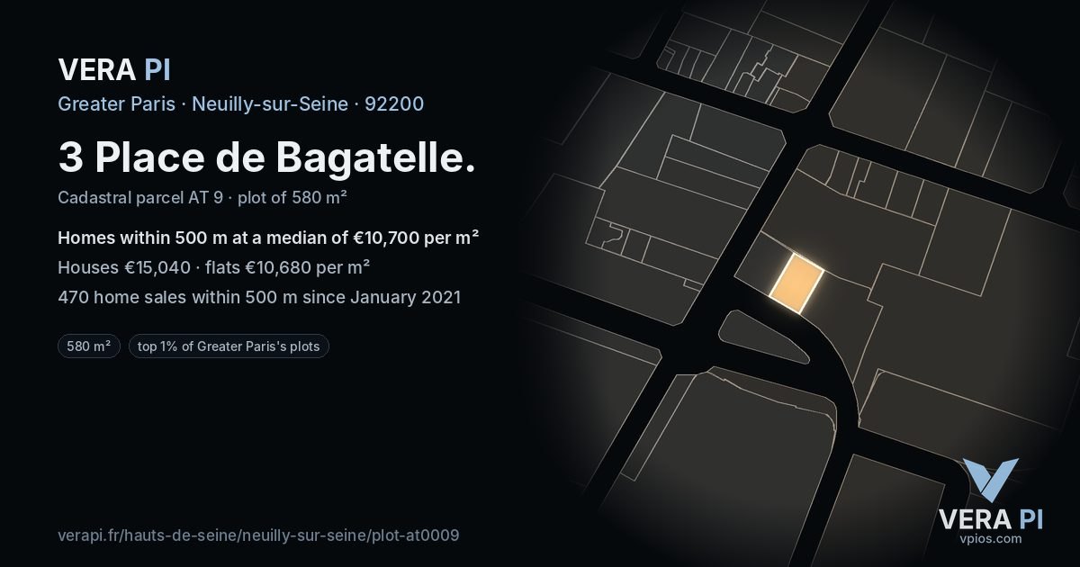 3 Place de Bagatelle, Neuilly-sur-Seine at night – the plot lit, the parcels around coloured by the prices near them