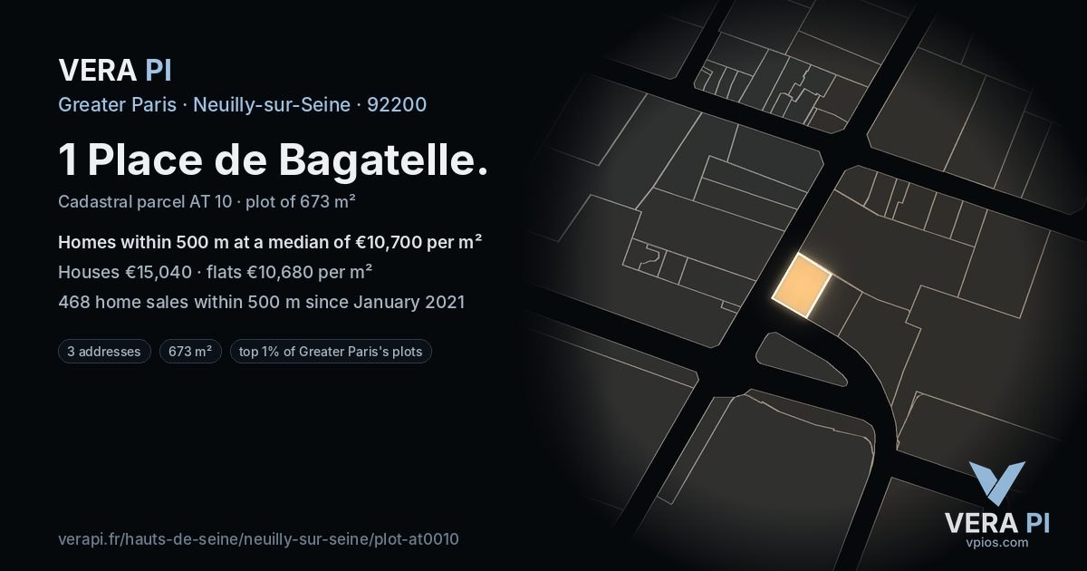 1 Place de Bagatelle, Neuilly-sur-Seine at night – the plot lit, the parcels around coloured by the prices near them