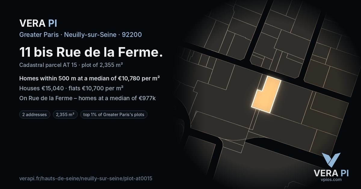 11 bis Rue de la Ferme, Neuilly-sur-Seine at night – the plot lit, the parcels around coloured by the prices near them