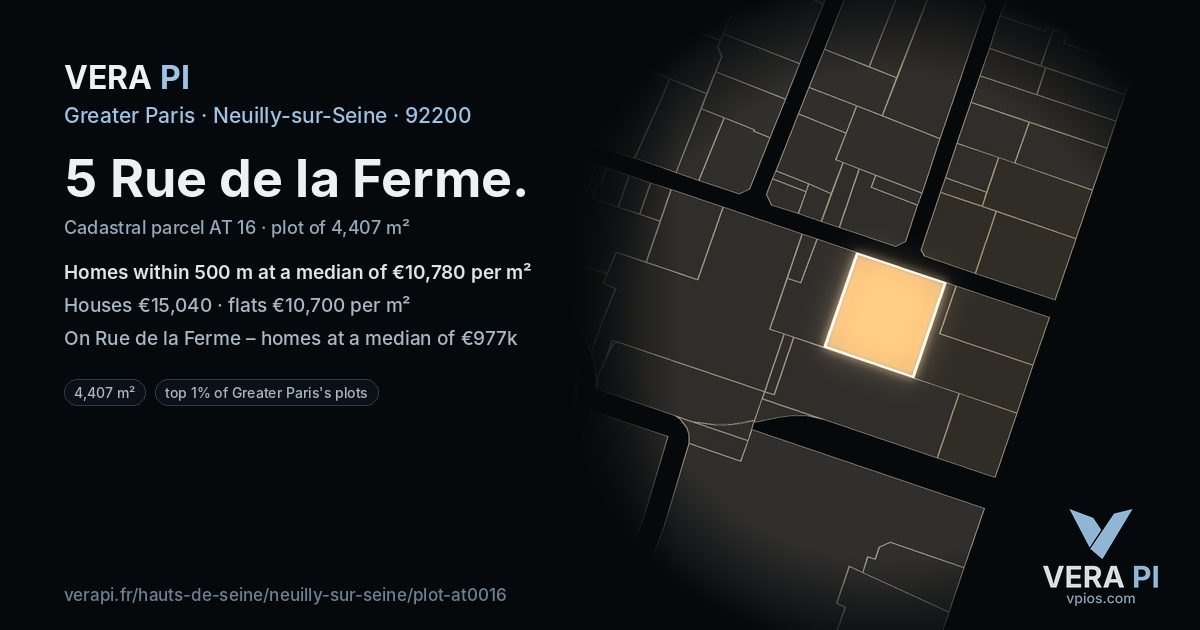 5 Rue de la Ferme, Neuilly-sur-Seine at night – the plot lit, the parcels around coloured by the prices near them