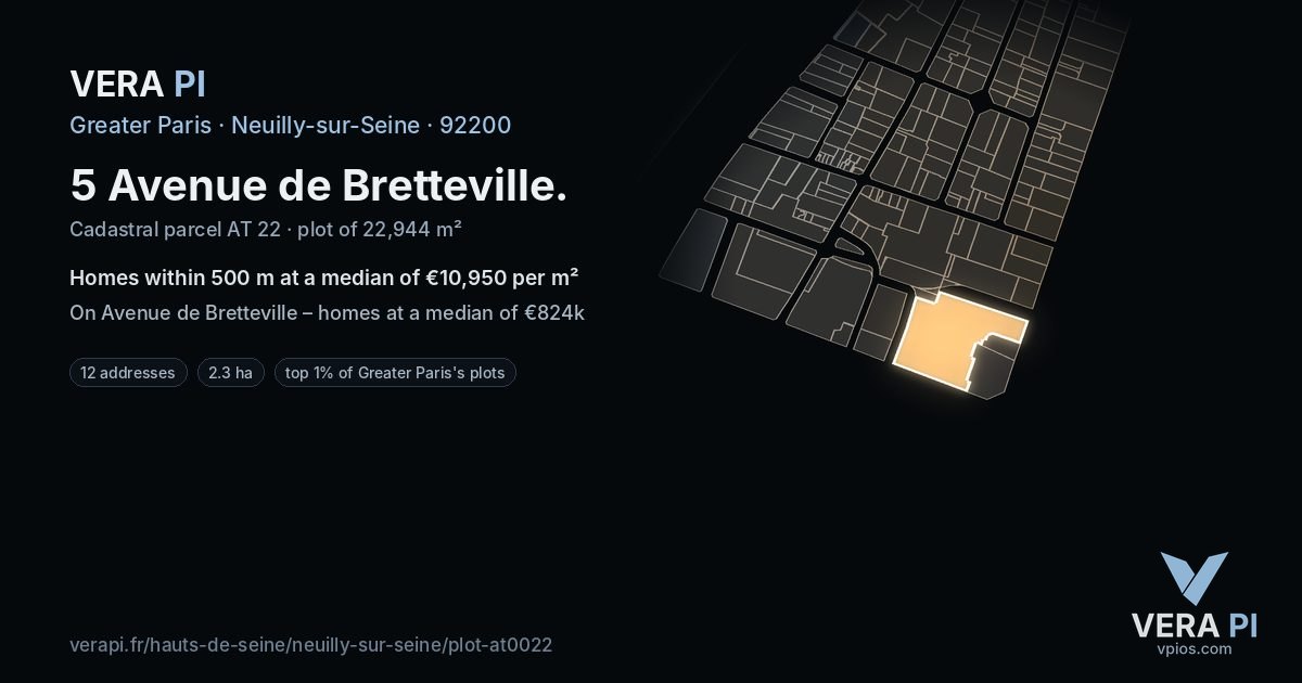 5 Avenue de Bretteville, Neuilly-sur-Seine at night – the plot lit, the parcels around coloured by the prices near them