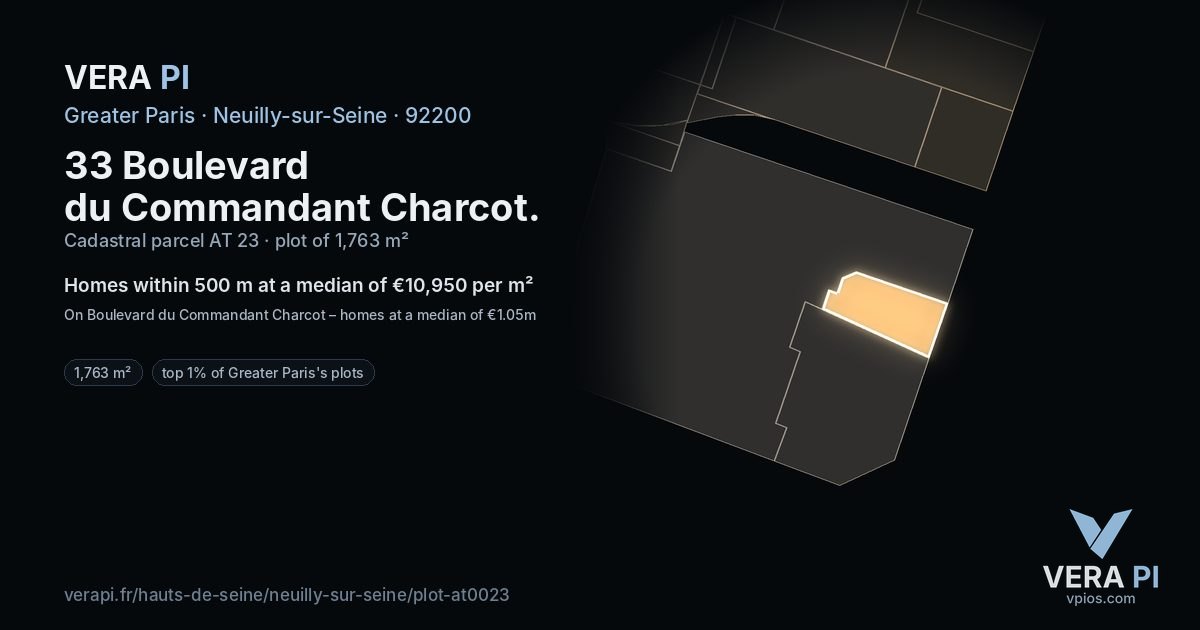 33 Boulevard du Commandant Charcot, Neuilly-sur-Seine at night – the plot lit, the parcels around coloured by the prices near them