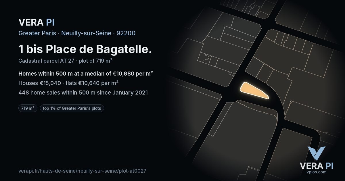 1 bis Place de Bagatelle, Neuilly-sur-Seine at night – the plot lit, the parcels around coloured by the prices near them
