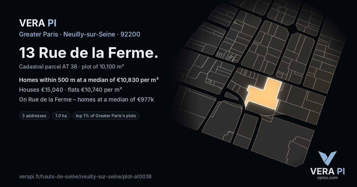 13 Rue de la Ferme, Neuilly-sur-Seine at night – the plot lit, the parcels around coloured by the prices near them