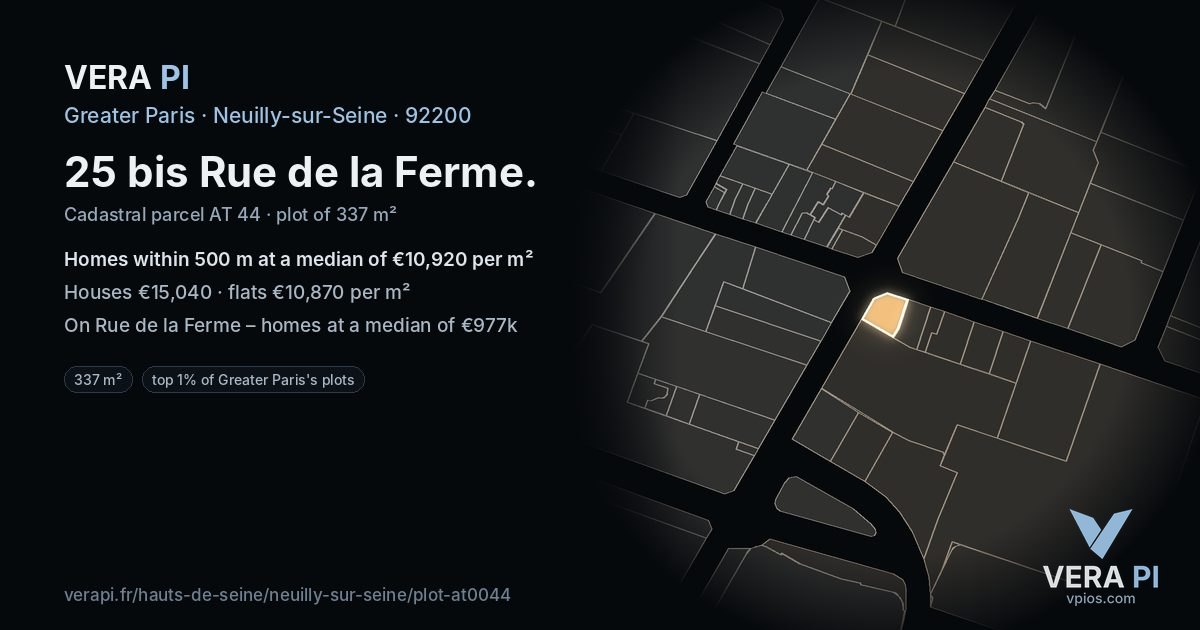 25 bis Rue de la Ferme, Neuilly-sur-Seine at night – the plot lit, the parcels around coloured by the prices near them