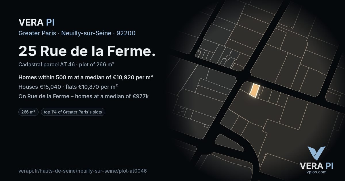 25 Rue de la Ferme, Neuilly-sur-Seine at night – the plot lit, the parcels around coloured by the prices near them