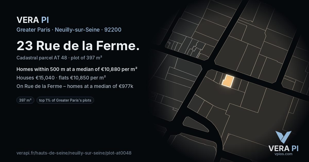 23 Rue de la Ferme, Neuilly-sur-Seine at night – the plot lit, the parcels around coloured by the prices near them