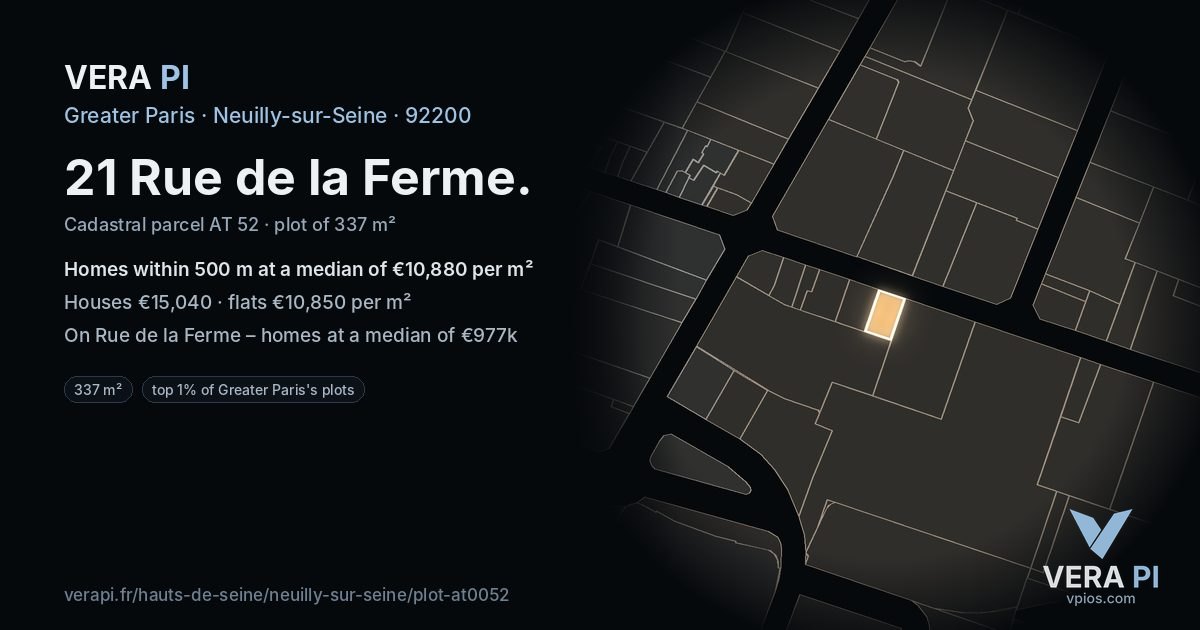 21 Rue de la Ferme, Neuilly-sur-Seine at night – the plot lit, the parcels around coloured by the prices near them