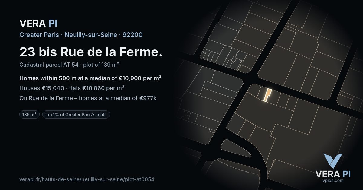 23 bis Rue de la Ferme, Neuilly-sur-Seine at night – the plot lit, the parcels around coloured by the prices near them