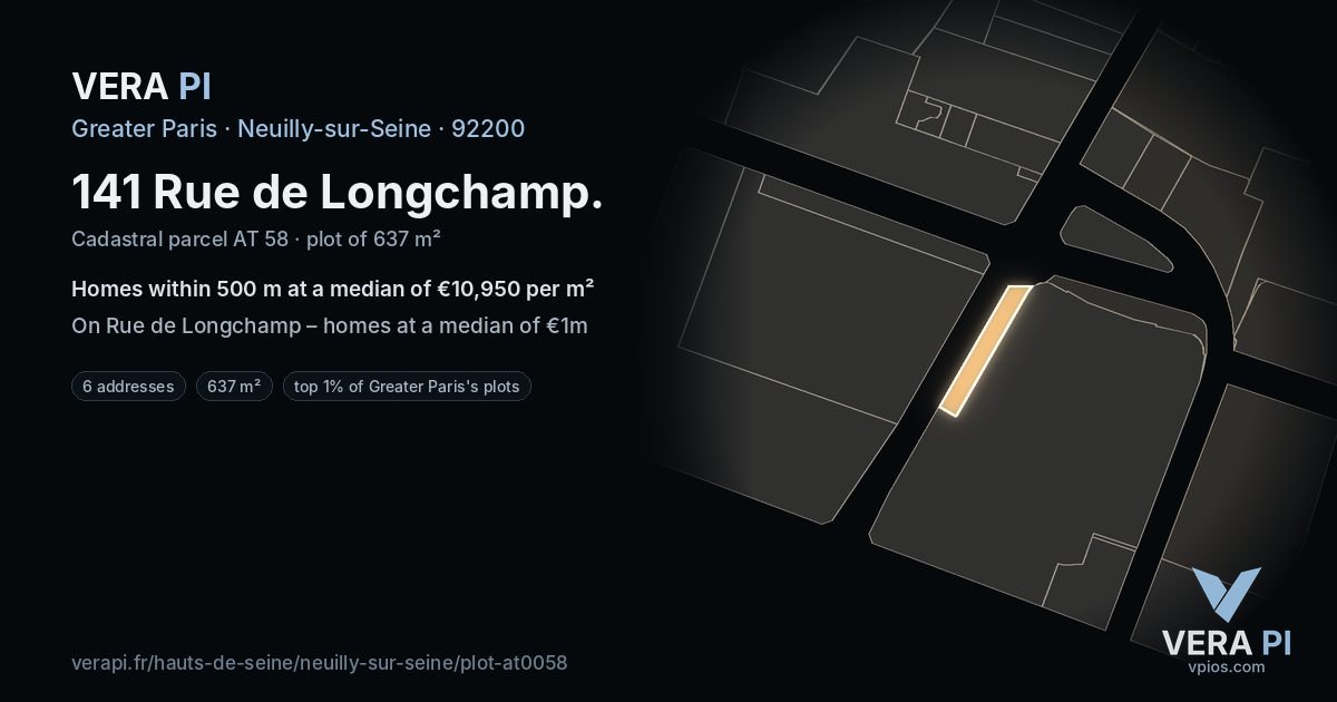 141 Rue de Longchamp, Neuilly-sur-Seine at night – the plot lit, the parcels around coloured by the prices near them