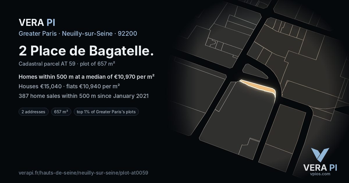 2 Place de Bagatelle, Neuilly-sur-Seine at night – the plot lit, the parcels around coloured by the prices near them