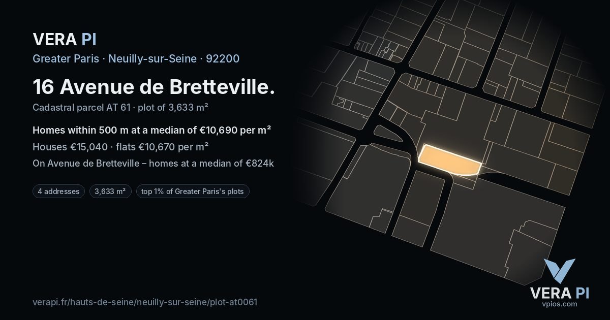 16 Avenue de Bretteville, Neuilly-sur-Seine at night – the plot lit, the parcels around coloured by the prices near them