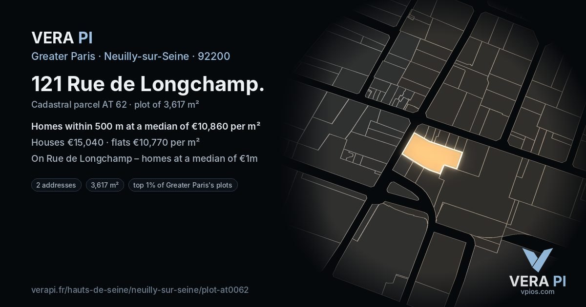 121 Rue de Longchamp, Neuilly-sur-Seine at night – the plot lit, the parcels around coloured by the prices near them