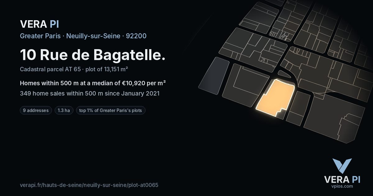 10 Rue de Bagatelle, Neuilly-sur-Seine at night – the plot lit, the parcels around coloured by the prices near them
