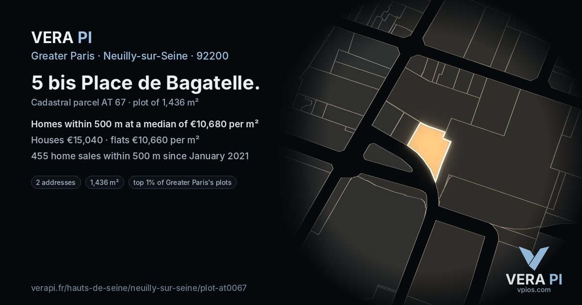 5 bis Place de Bagatelle, Neuilly-sur-Seine at night – the plot lit, the parcels around coloured by the prices near them