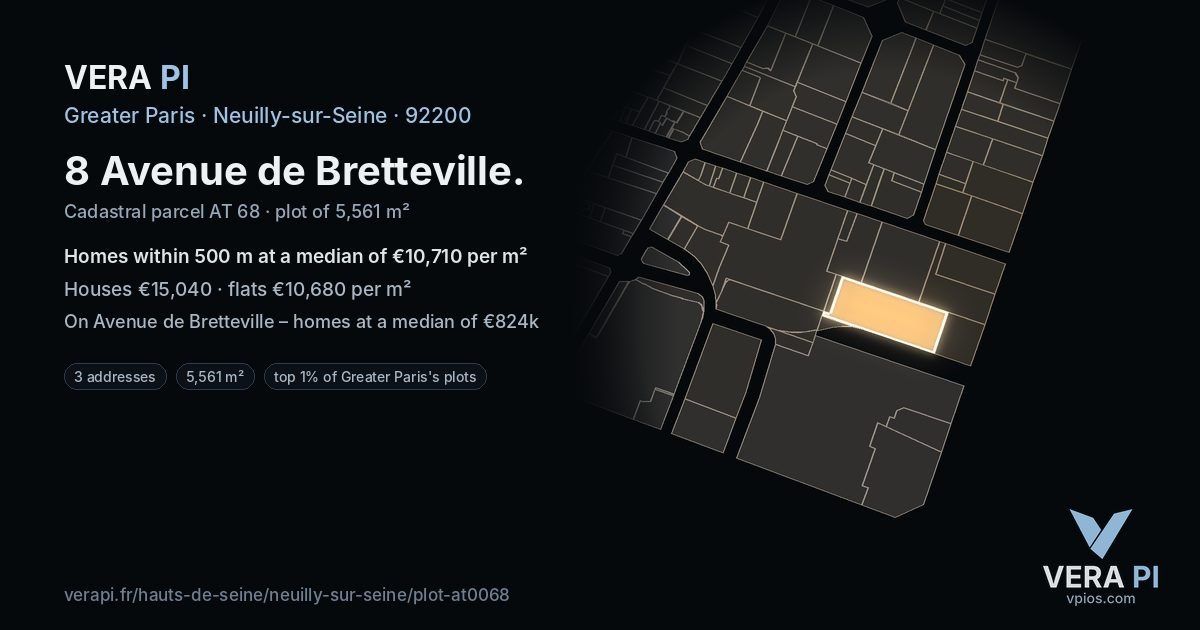 8 Avenue de Bretteville, Neuilly-sur-Seine at night – the plot lit, the parcels around coloured by the prices near them