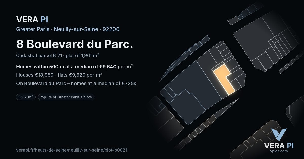 8 Boulevard du Parc, Neuilly-sur-Seine at night – the plot lit, the parcels around coloured by the prices near them
