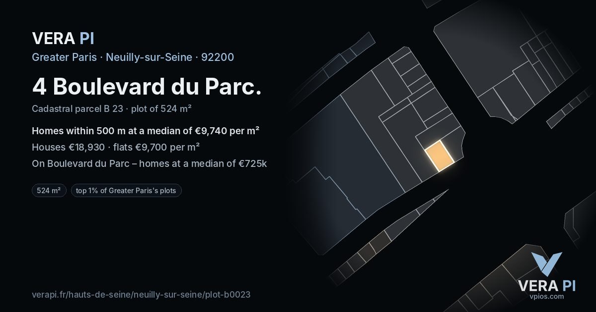 4 Boulevard du Parc, Neuilly-sur-Seine at night – the plot lit, the parcels around coloured by the prices near them