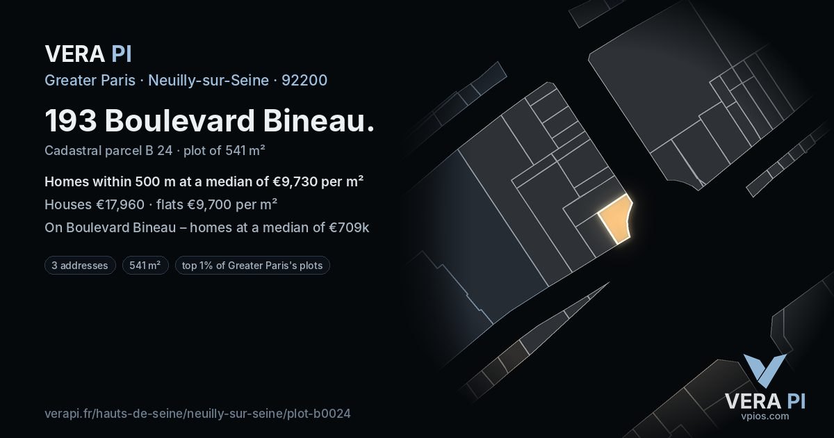 193 Boulevard Bineau, Neuilly-sur-Seine at night – the plot lit, the parcels around coloured by the prices near them