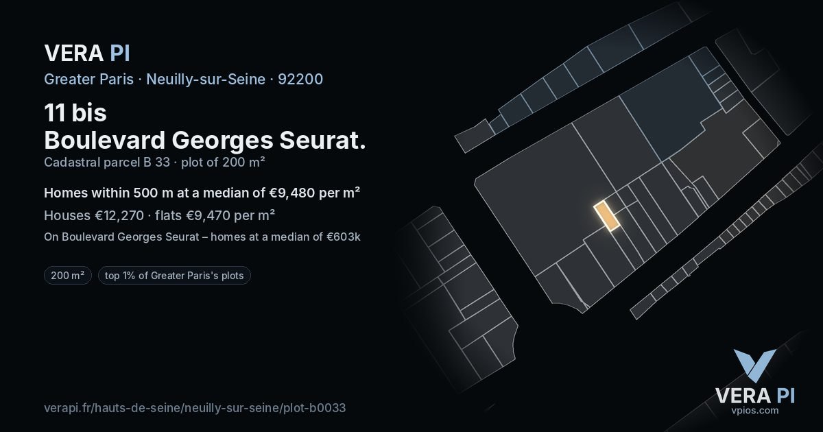 11 bis Boulevard Georges Seurat, Neuilly-sur-Seine at night – the plot lit, the parcels around coloured by the prices near them