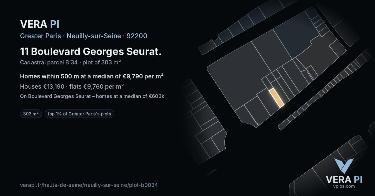 11 Boulevard Georges Seurat, Neuilly-sur-Seine at night – the plot lit, the parcels around coloured by the prices near them