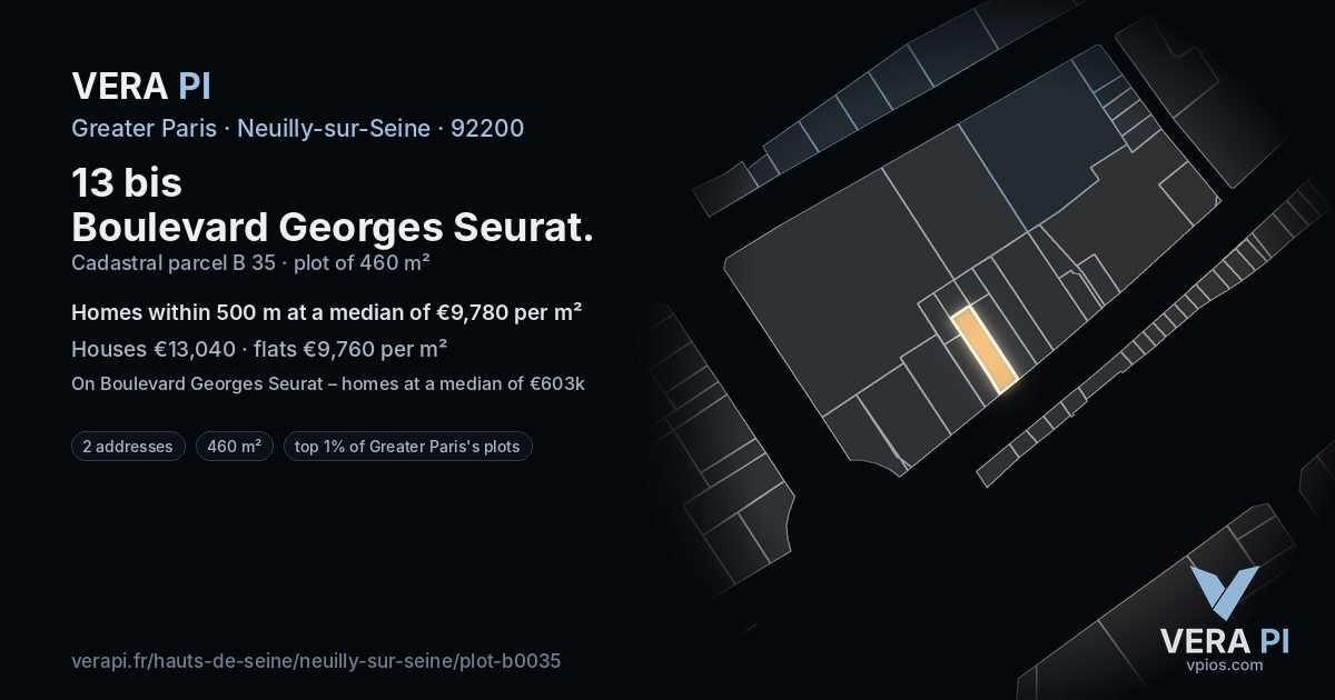 13 bis Boulevard Georges Seurat, Neuilly-sur-Seine at night – the plot lit, the parcels around coloured by the prices near them