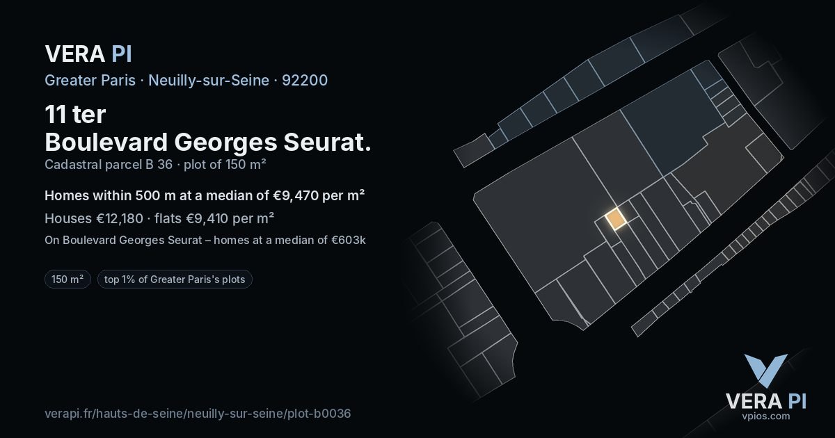 11 ter Boulevard Georges Seurat, Neuilly-sur-Seine at night – the plot lit, the parcels around coloured by the prices near them