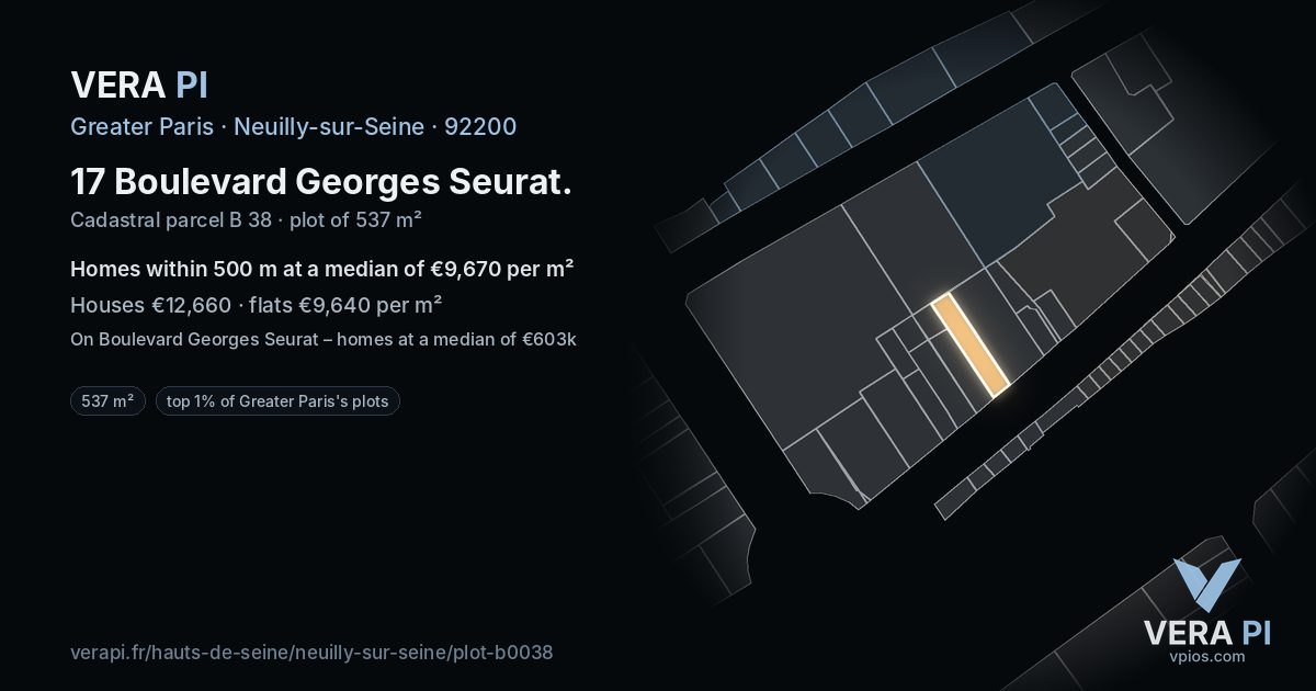 17 Boulevard Georges Seurat, Neuilly-sur-Seine at night – the plot lit, the parcels around coloured by the prices near them