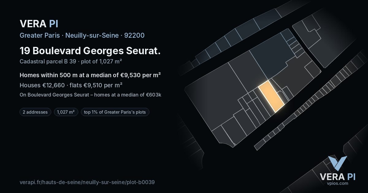 19 Boulevard Georges Seurat, Neuilly-sur-Seine at night – the plot lit, the parcels around coloured by the prices near them